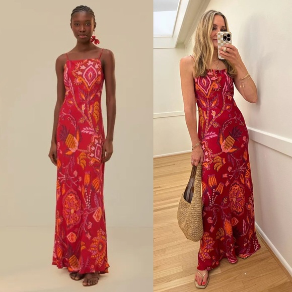 Farm Rio Sunset Tapestry Satin Maxi Dress X-Small S M L Straps Pink Red NEW